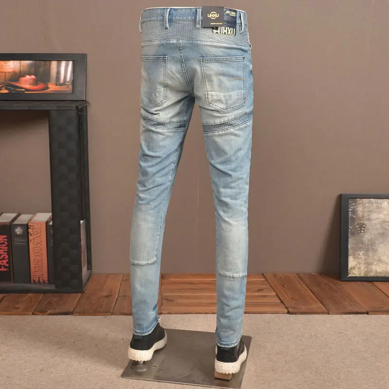 High Street Fashion Designer Men's Jeans Vintage Blue Elastic Tight Cycling Jeans Homme Panel Designer Zipper Pocket Hip Hop Jea