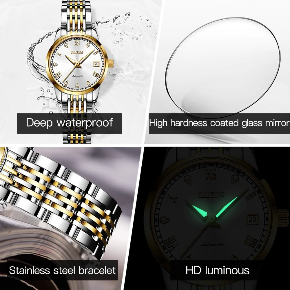 OLEVS 6602 mechanická móda hodinky dar round-dial nerez ocel pásek hodinek týden displej kalendář světelný