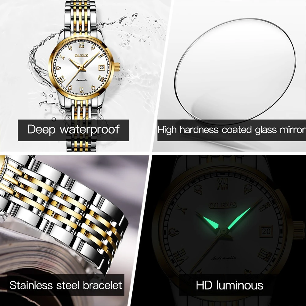 OLEVS 6602 Fashion Mechanical Watch Gift Stainless Steel Watchband Round-dial Wristwatch Week Display Calendar Luminous