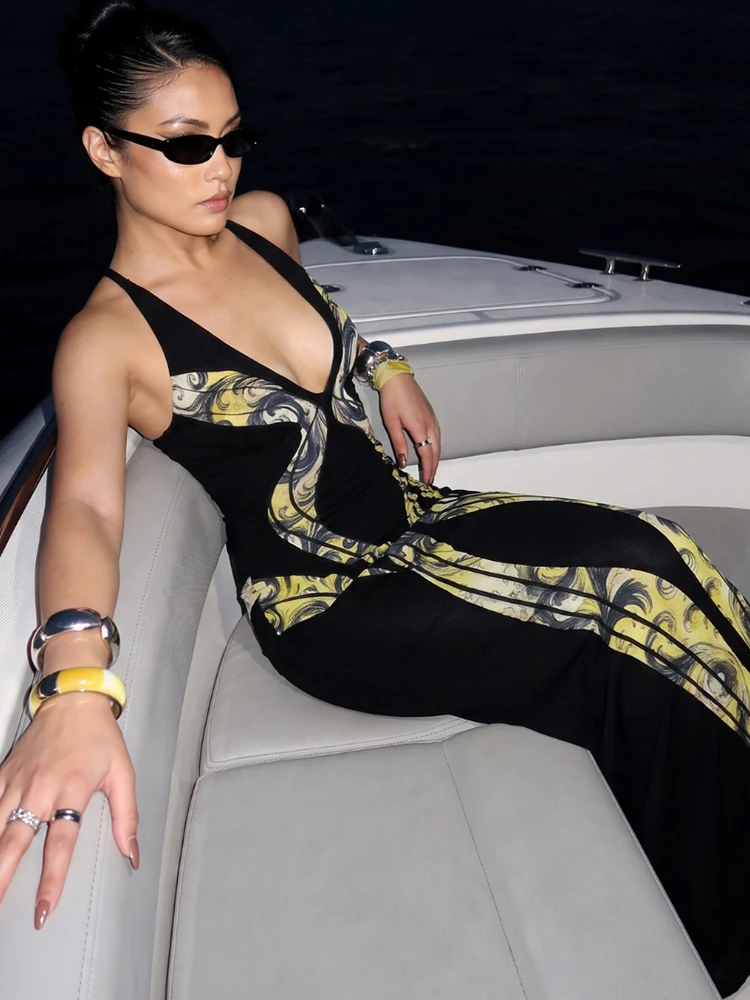 Weird Puss Sexy rückenfreies Kleid mit Kreuzmuster, Damenmode, Air-Print, tiefer V-Ausschnitt, hohle, ärmellose Passform, für Urlaub, Party, elegant, schick, figurbetont – Detail 13