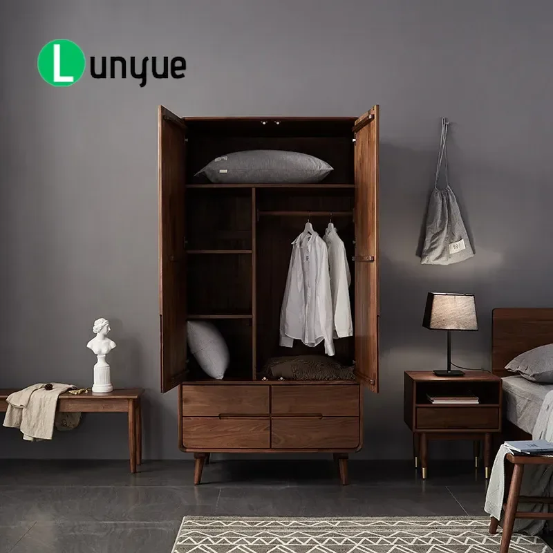 North American Black Walnut Solid Wood Wardrobe Nordic Simple Modern Double Door Large Storage Cabinet for Home Bedroom