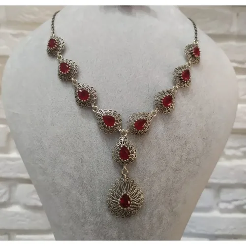 Bigakan Ruby Cubic Zirconia Oxidized Filigree Silver Women Necklace