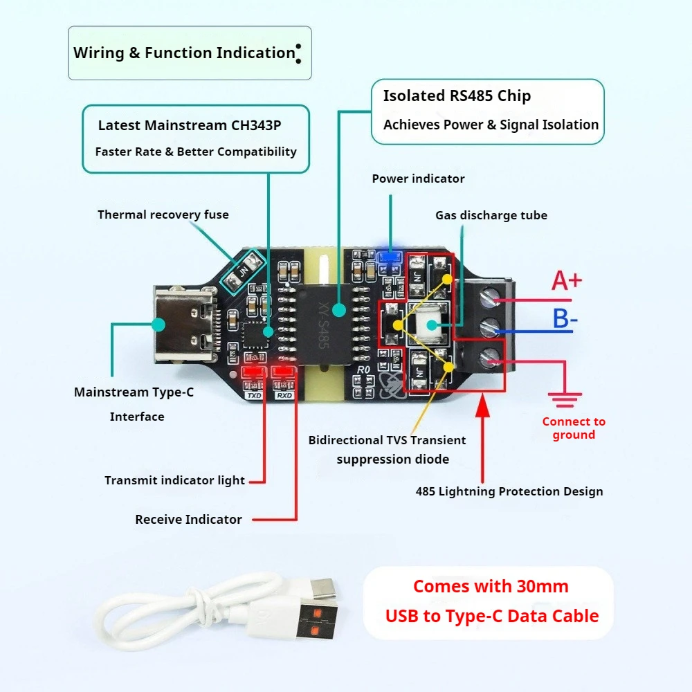 CH343P High Speed USB to RS485 Isolated Converter 6Mbps Industrial Grade Anti-Interference Serial Module 3.3V/5V 16KV Isolation