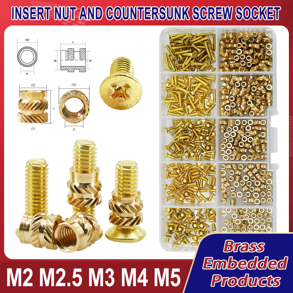 

M2 M2.5 M3 M4 M5 Countersunk Head Screw Hot Melt Heating Knurled Injection Nut Kits Metric Threaded Insert Brass Nuts Bolts Set