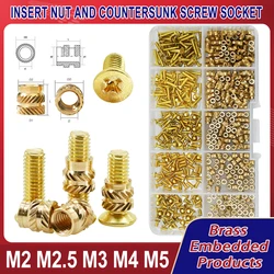 M2 M2.5 M3 M4 M5 Countersunk Head Screw Hot Melt Heating Knurled Injection Nut Kits Metric Threaded Insert Brass Nuts Bolts Set