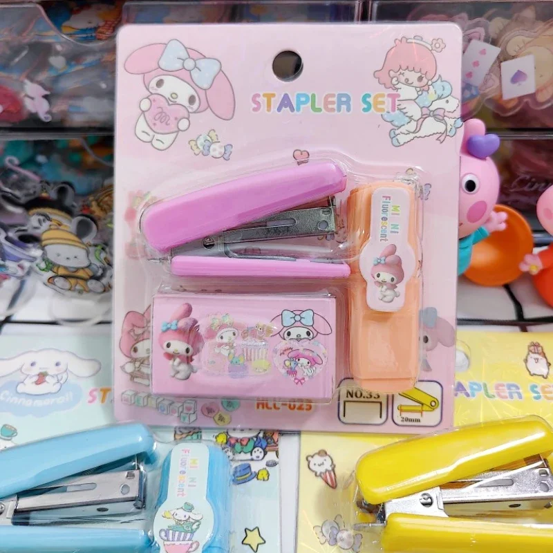 Sanrio Kuromi Cinnamoroll Melody Mini Stapler Highlighter Set Student Office Small Stapler Kawaii School Supplies Stationery Set