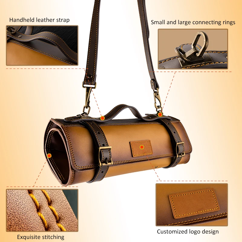 Grandsharp Authentic Cow Leather Knife Storage Roll Bag Waterproof Foldable Chef Roll Bag Durable Carry Case Chef Knife Bag