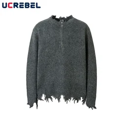 Raw Edge Knitted Sweater Mens Half Zipper Autumn Winter Loose High Street Long Sleeve Pullover Men