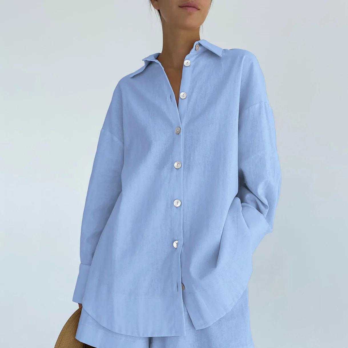 

Women's 2024 Spring/Summer New Shirt Commuter Casual Elegant Solid Color Simple Cotton Two Piece Set Loose