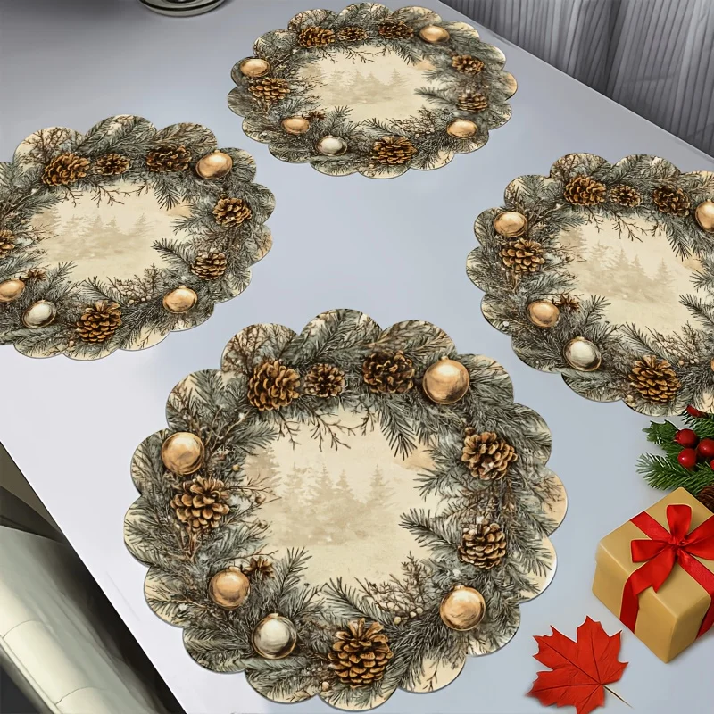 VIKAMA 4-Piece Christmas Pine Branch Placemats with Wavy Edges and Round Decorations Dinner Party Table Decor and Accessories