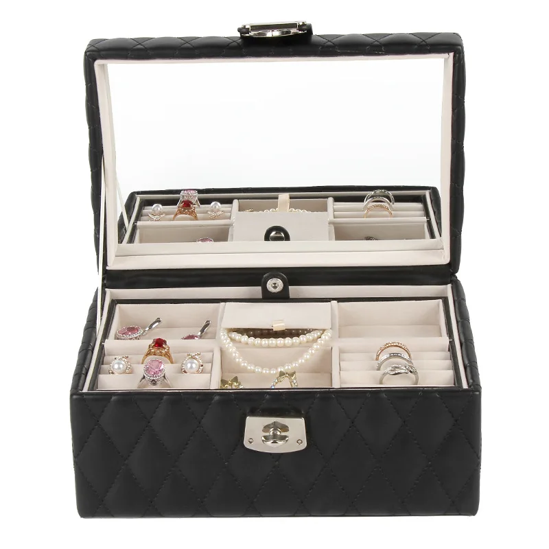 Fashionable European diamond patterned leather jewelry box, velvet ring box, jewelry storage