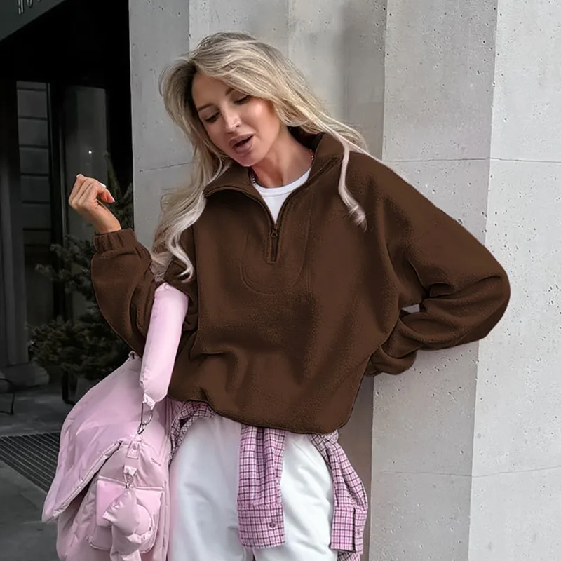 Fashion Winter Lamb Fleece Hoodie Women Casual Loose Thick Zipper Lapel Long Sleeve Pullover Top Lady Multiple Colors Available