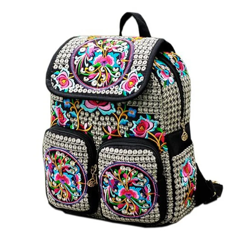 Vintage Floral Embroidered Canvas Backpack Casual Ethnic Girls Rucksack with Multi Pockets Flap Schoolbag Travel Bag for Ladies