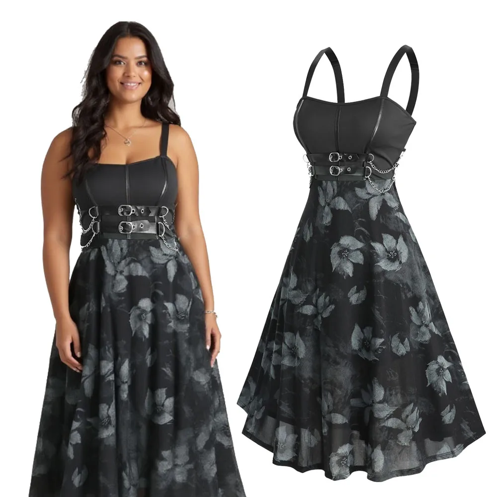 Sukienki na ramiączkach ROSEGAL Plus Size z kwiatowym nadrukiem, ozdobione ćwiekami, łańcuszkami i klamrami, elegancka moda damska, letnia sukienka codzienna.