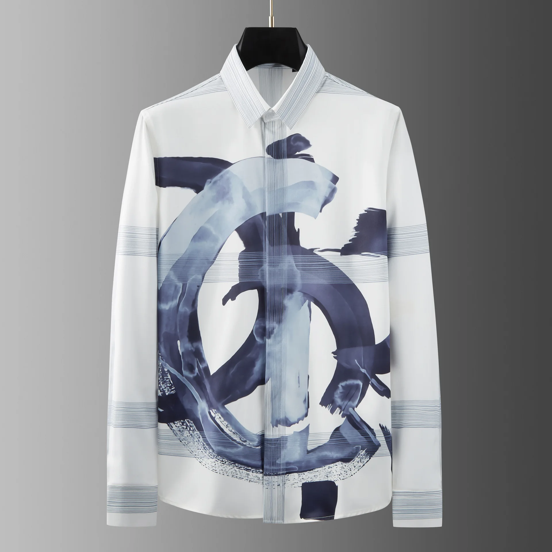 

Walking style vertical ink splashed letter positioning print men's long sleeved shirt youth slim fit fashionable men's clothing
