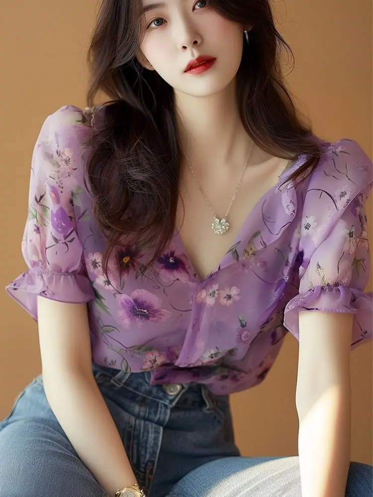 

French Purple Sunscreen Shirt Light Luxury High End Women's Summer Chiffon Puff Sleeve Floral Short Sleeved