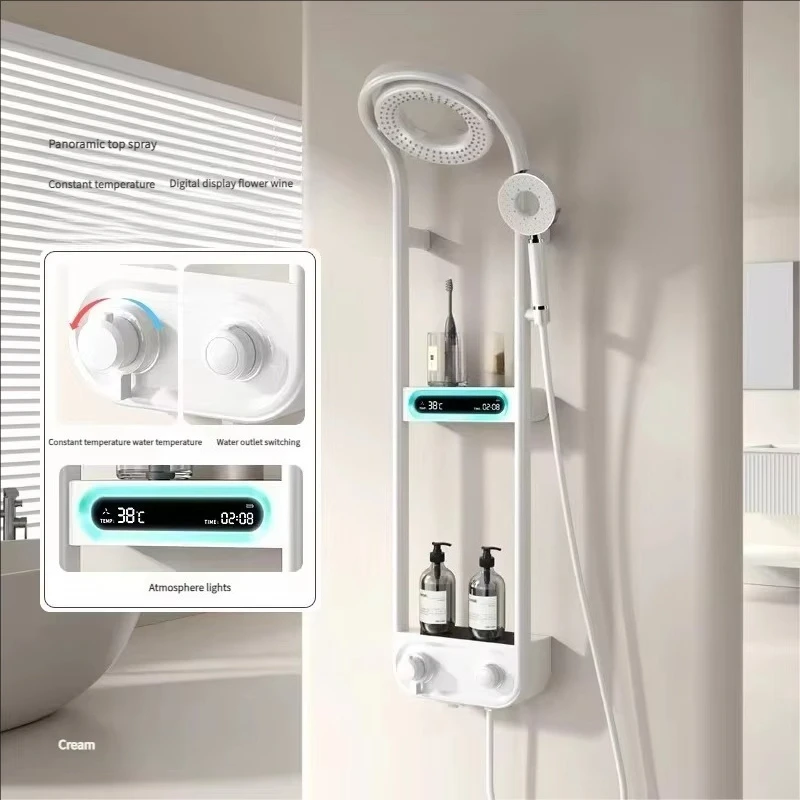 Ensemble de douche intelligent tout en cuivre, affichage numérique blanc, petit panier chromé poli, rehausseur de vent doux, Internet à température constante