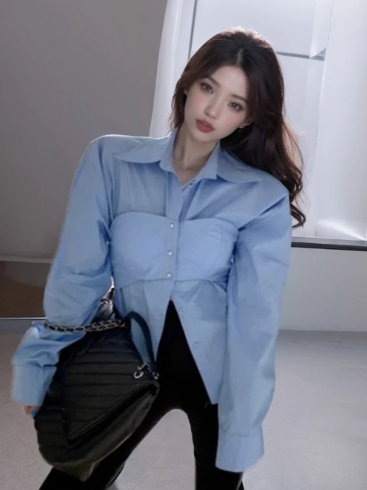 

Ele White Long Sve irt Women's Korean Sle Early Spring Slimming High Waist Design Commute Faion plus Size irt