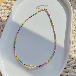 KKBEAD Boho Style Colorful Beaded Necklace for Women Gift Accessories Rainbow Dainty Necklaces Natural Pearl Choker Jewelry
