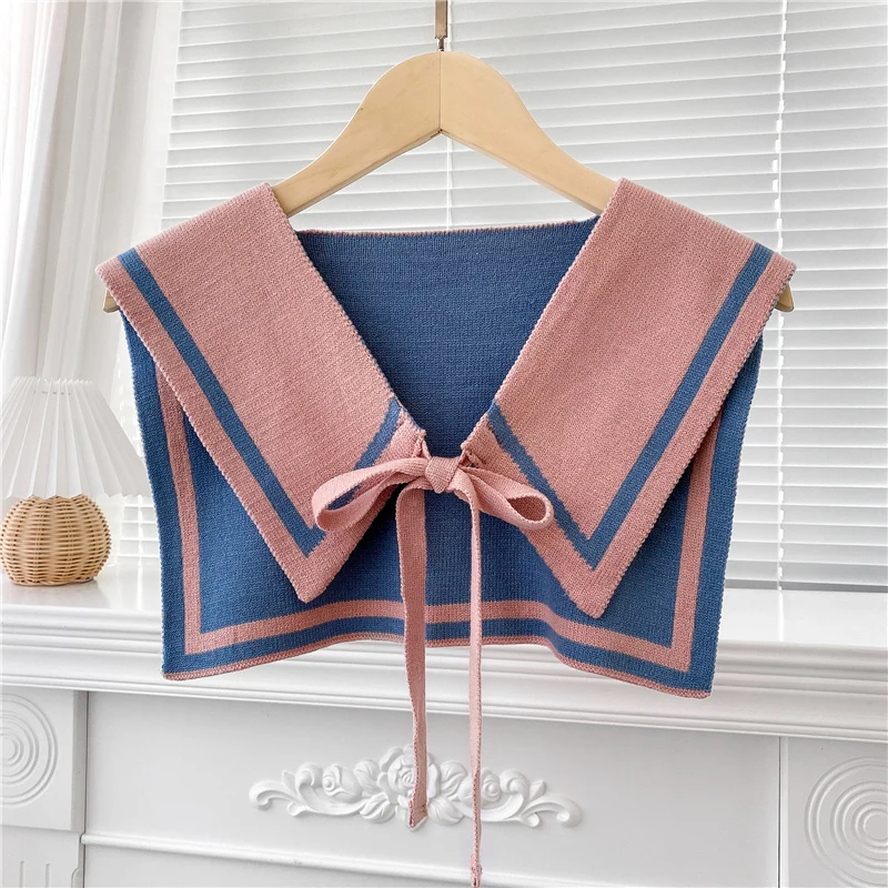 Women\'s College Style Color Block Wool Knit Thicken Warm Shawl Summer Air Conditioned Neck Protection Cape Female Tied Shoulders