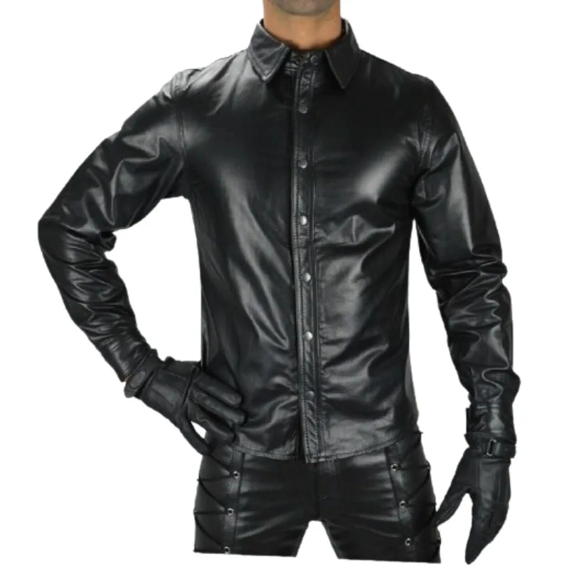 Men Black Leather Shirt Genuine Lambskin Slim Fit Stylish Biker Soft Shirt Coat