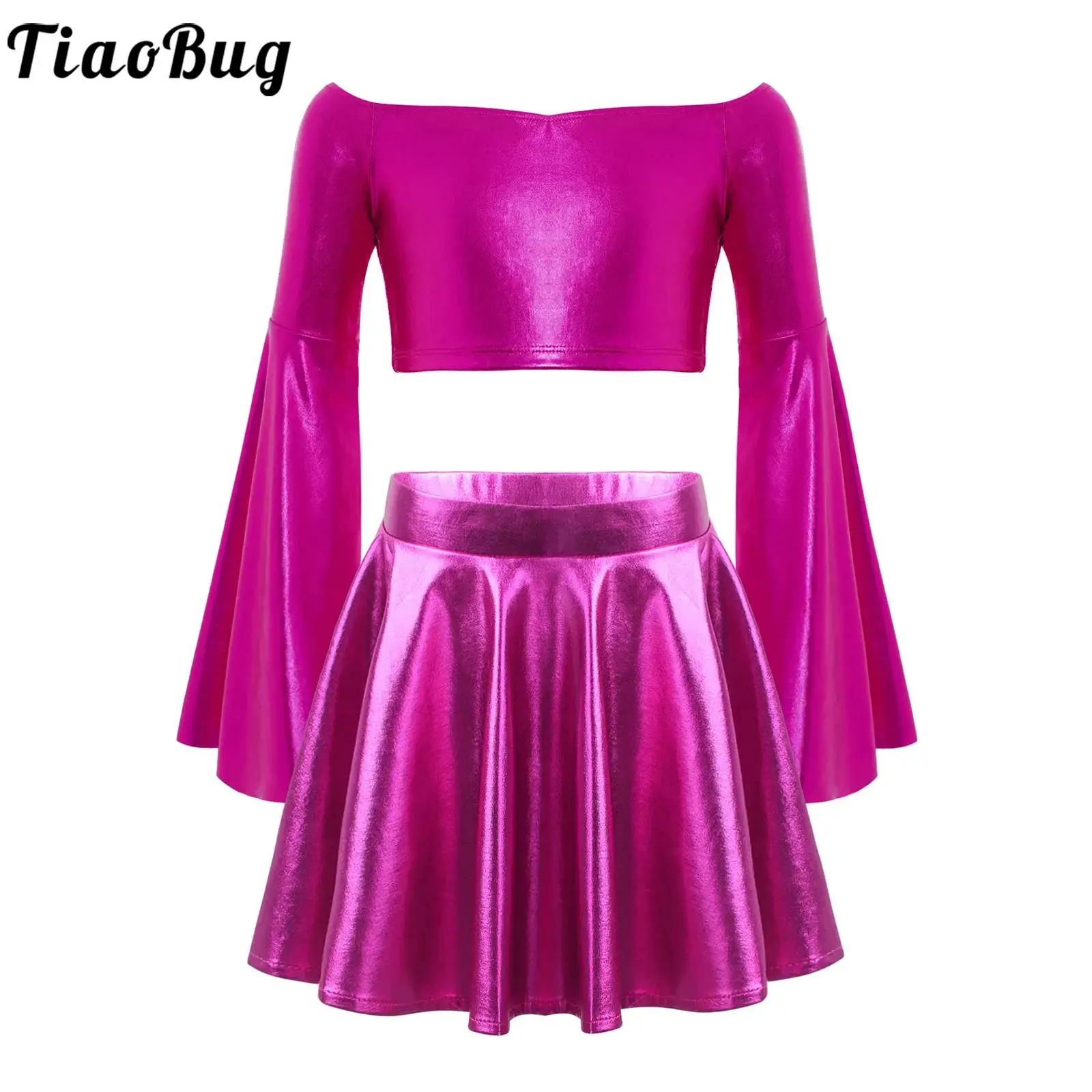 

Kid Girls Metallic Jazz Modern Dance Set Long Sleeve Off-Shoulder Crop Top with Ruffled Skirt for Party Dance Stage Performance