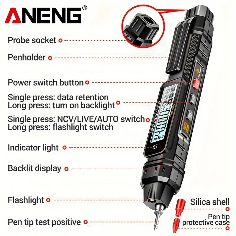 ANENG-A3005 Multímetro Digital Pen Tipo, medidor profissional, sem contato, AC, DC Tensão, Ohm Diodo Tester para Ferramenta, 4000 contagens