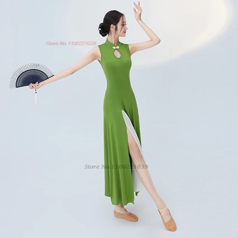 2025 중국 빈티지 댄스 치파오 전통 무대 댄스 치파오 민소매 치파오 댄서 훈련 연습복