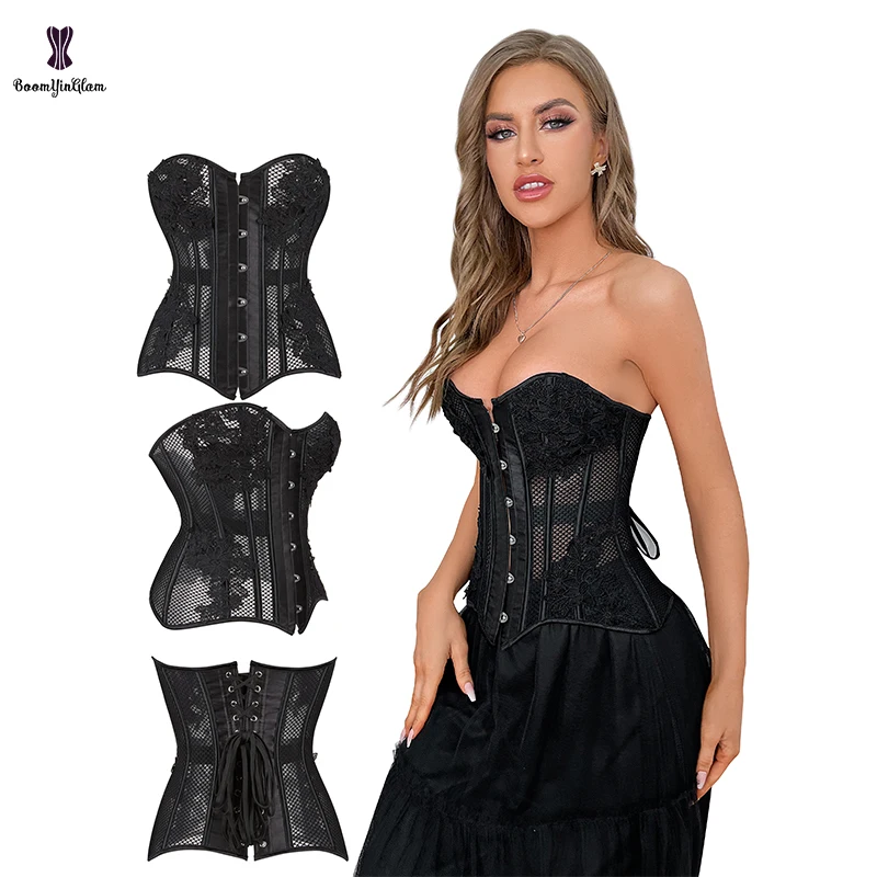 

6 Busk Closure Women's 16 Plastic Lace Up Boned Mesh Net Corsets And Bustiers Slimming Hourglass Body Shaper Plus Size S-6xl