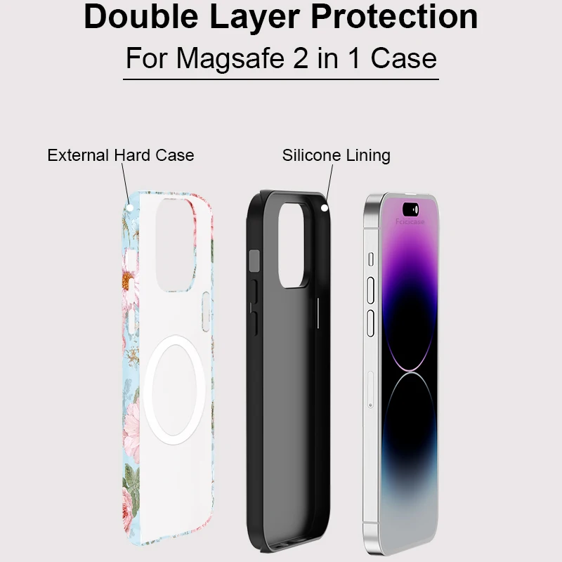 حافظة Fcicicase Floral لهاتف Magsafe لهاتف iPhone 16 Pro Max 15 Plus 14 13 12 11 غطاء شحن لاسلكي فاخر بطبقة مزدوجة مغناطيسي