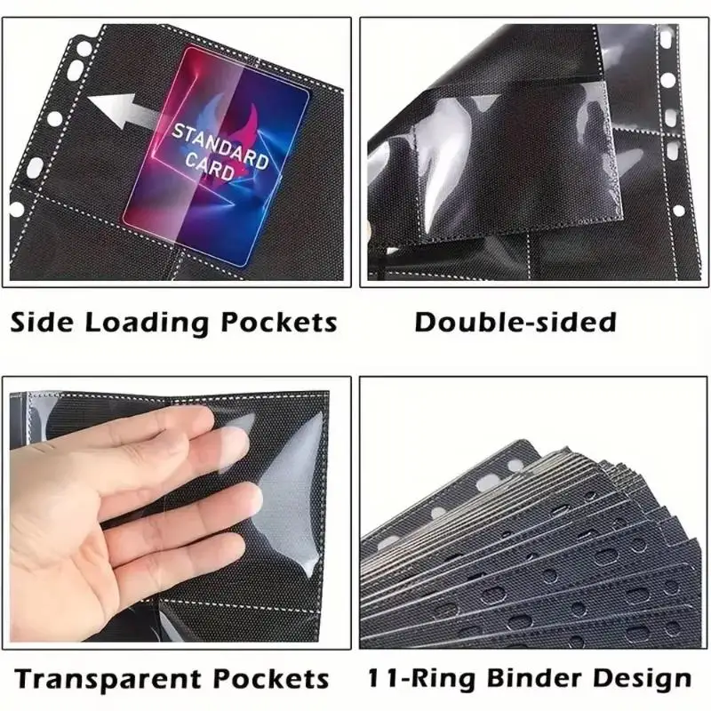 30 Stück Schwarze 9-Fach Sammelkarten-Ordnerseiten - Doppelseitige Seitenlade-Taschen für Spielkarten – Detail 4