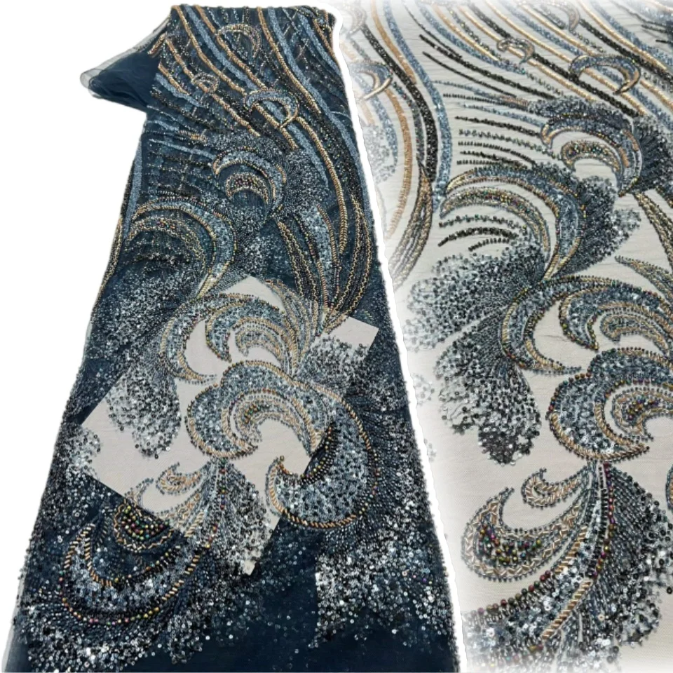 African Lace Fabric 2026 High Qulity Beads Sequins Embroidery Velvet Fabric Fall and Winter for Women Evening Party Dress 3751