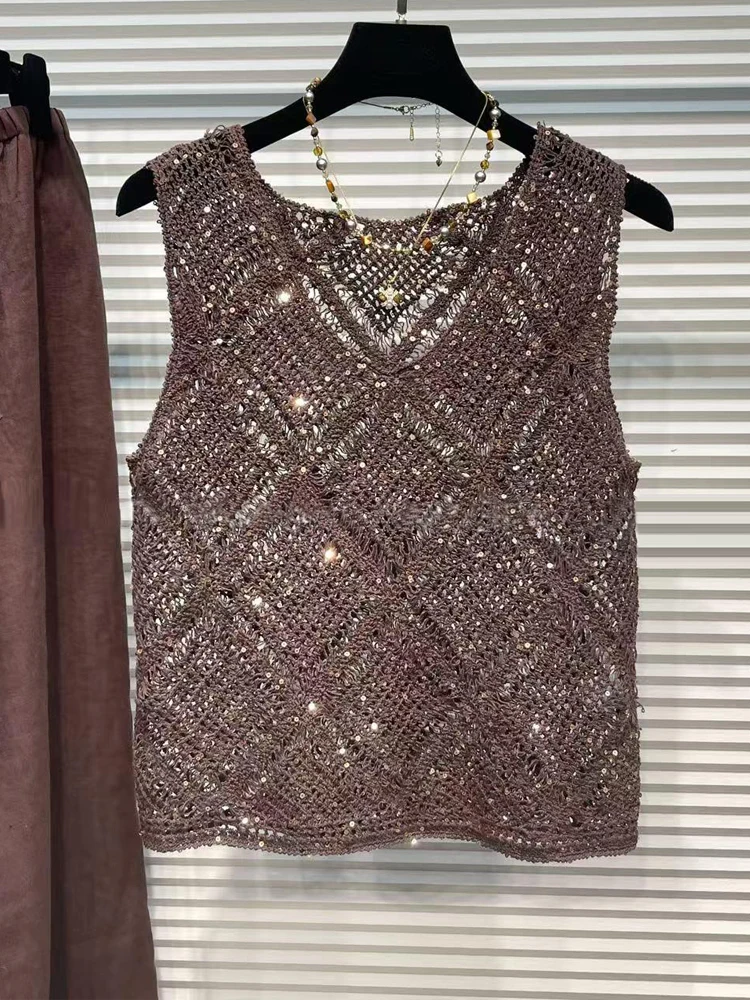 Sleek Sequin Hollow out Short Sleeveless V-Neck Vest Comfortable Casual Outfit Top with Pants Set for plus Size Women