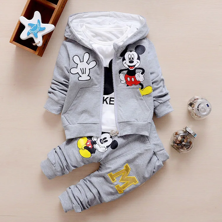 Disney Jesień Zima Chłopcy Dziewczęta Ubrania Zestaw Śliczny Mickey Bawełniany płaszcz z kapturem + T-shirt + Spodnie 3PCS Zestaw Casual Kids