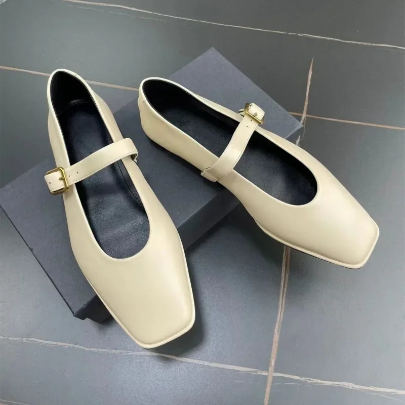 

Handmade Women's Shoes Mary Jane Female Genuine Leather Snap Ballet Shoes Female Square Toe Flat Sheepskin Ladies Shoes