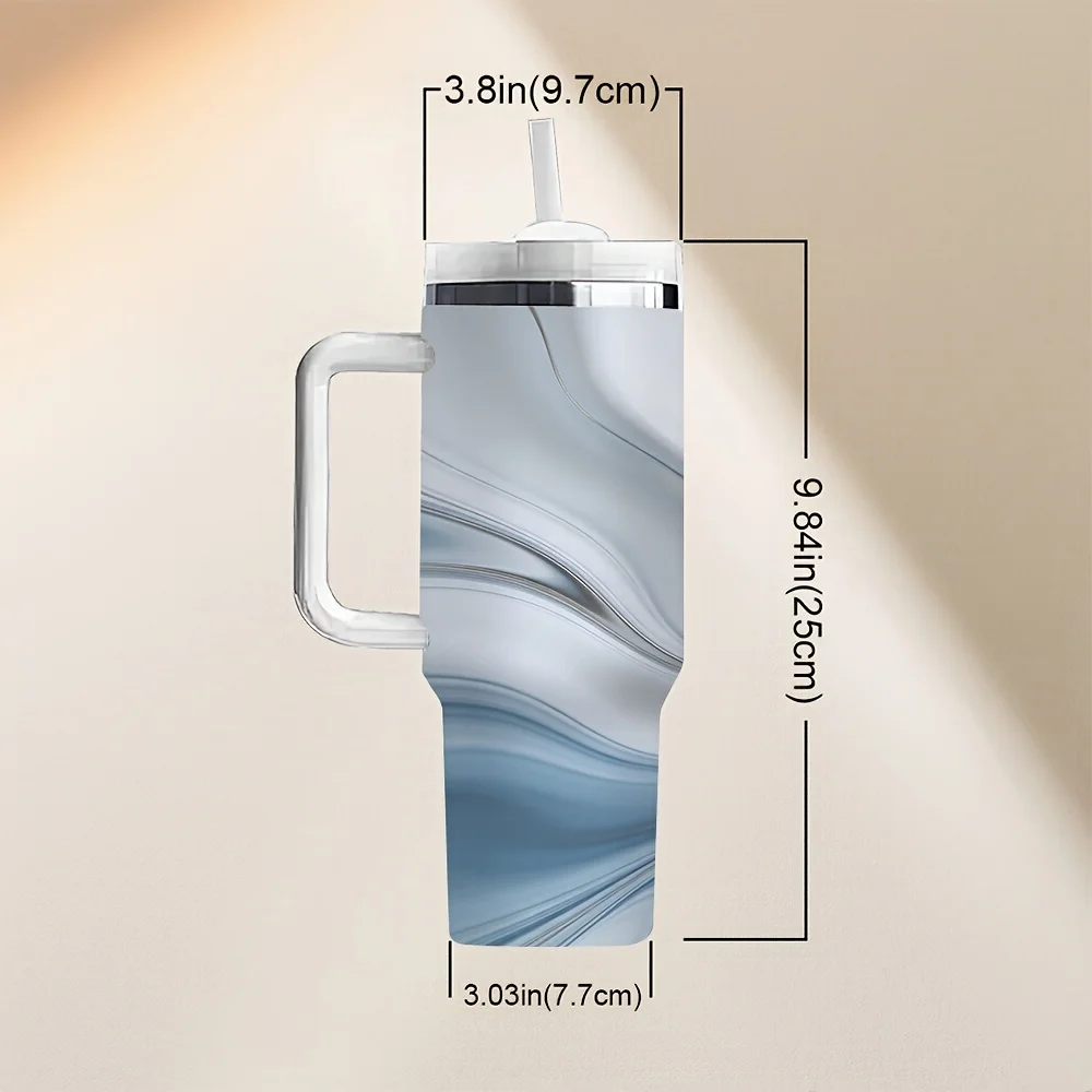 Blue White Abstract Fluid Marble Pattern Insulated Travel Tumbler with Handle And Straw for Outdoor And Daily Use