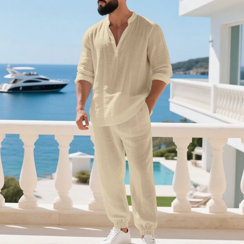 

Осенний новый американский свободный льняной повседневный трендовый гавайский домашний костюм на пуговицах с длинными рукавами