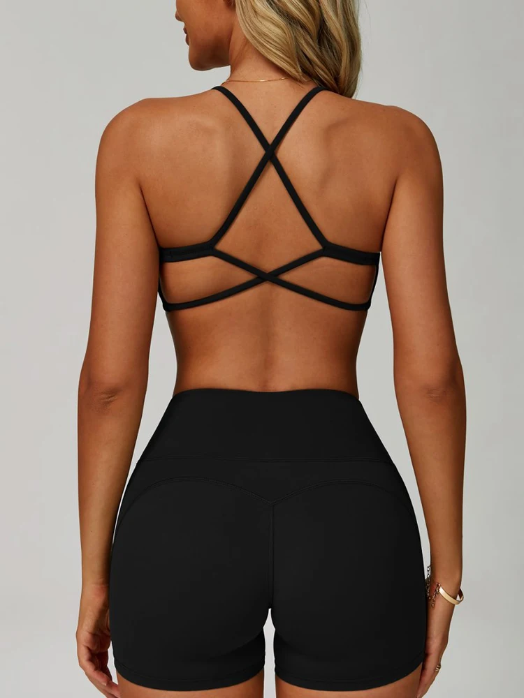 VITALINOVO Criss Cross Back Sports Bra for Women V Neck Spaghetti Strap Workout Yoga Bra Light Support Built in Bra Cami Top Gym