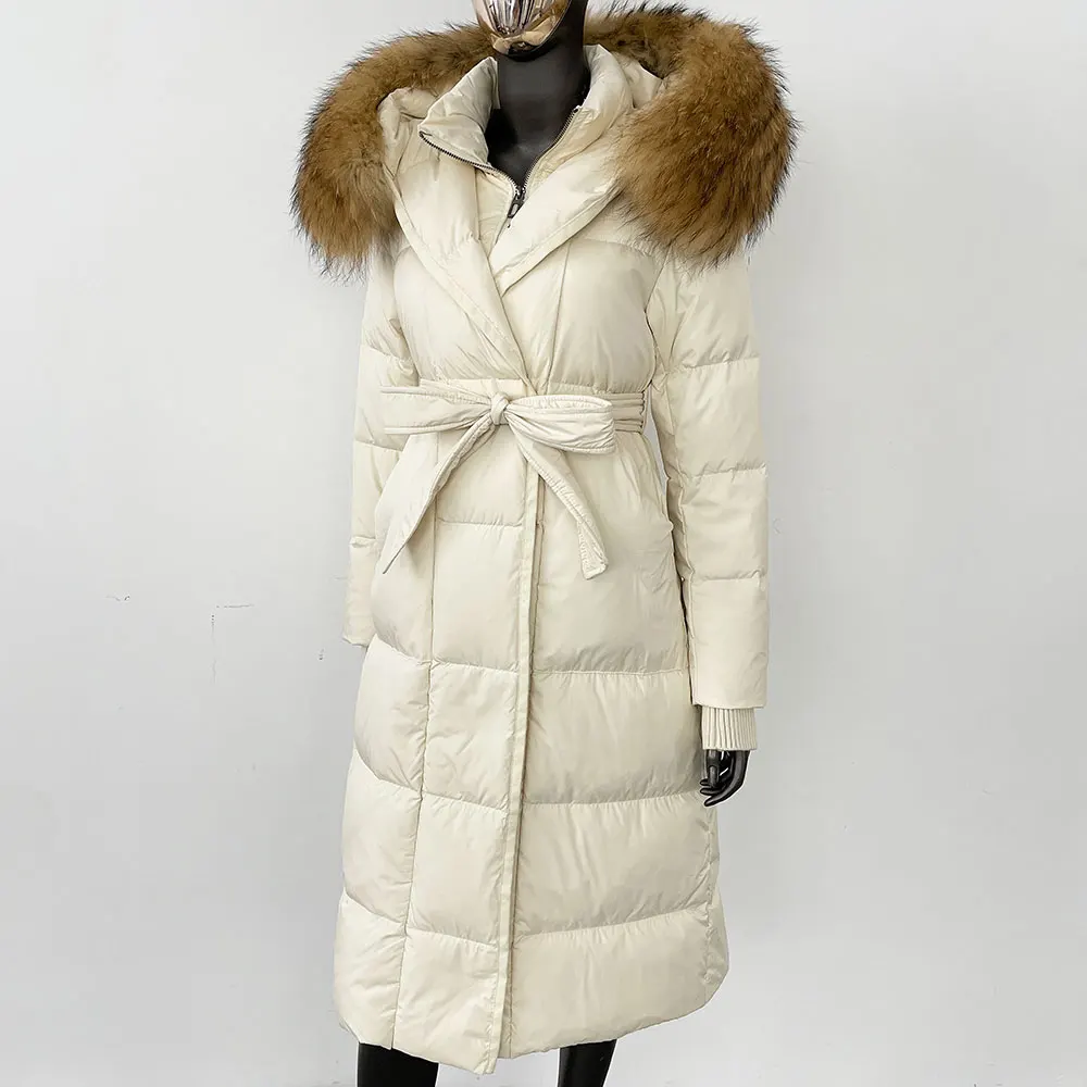 ยาวห่านสีขาวลงเสื้อเข็มขัดสบายๆลงเสื้อแจ็คเก็ตผู้หญิงฤดูหนาวขนสุนัขจิ้งจอกธรรมชาติ Hooded ที่ถอดออกได้ Elegant Overwears