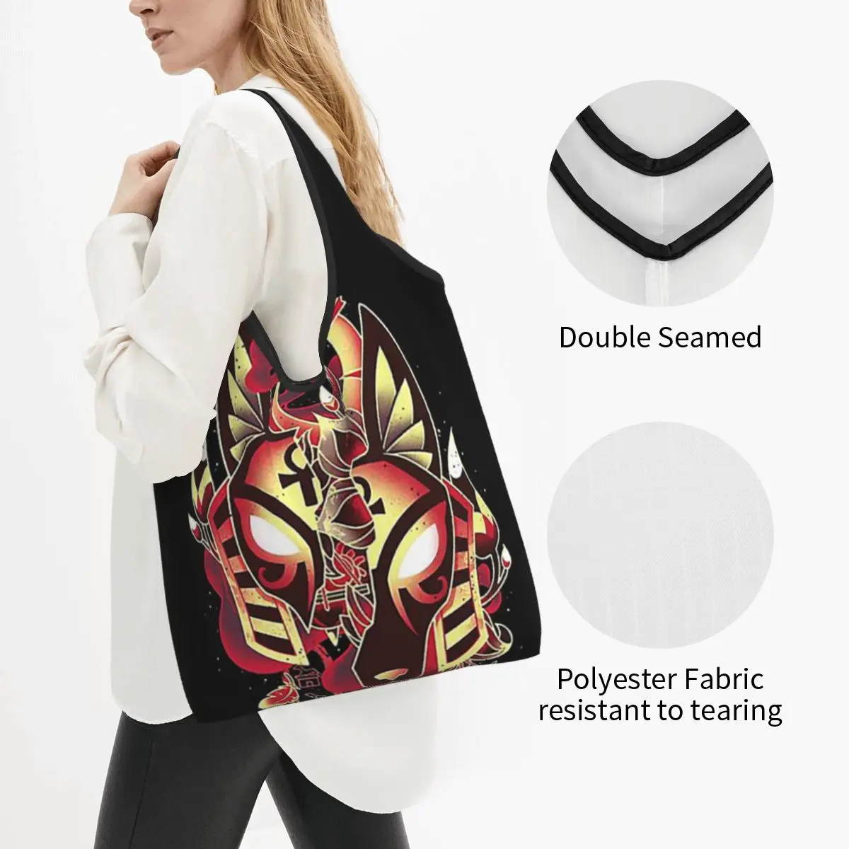 Anubis Mysteries Jackal Egyptian God Portable Tote Shopping Bags Foldable Shopper Bag Groceries Handbag Shoulder Bag