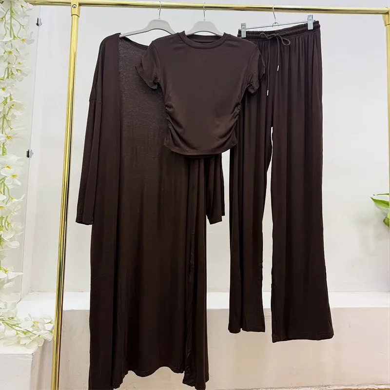 

Pants Sets Women 3 Piece Short Sleeve T Shirt Top Long Cardgian Elastic Wide Leg Pant Female Suit Lady Outfits