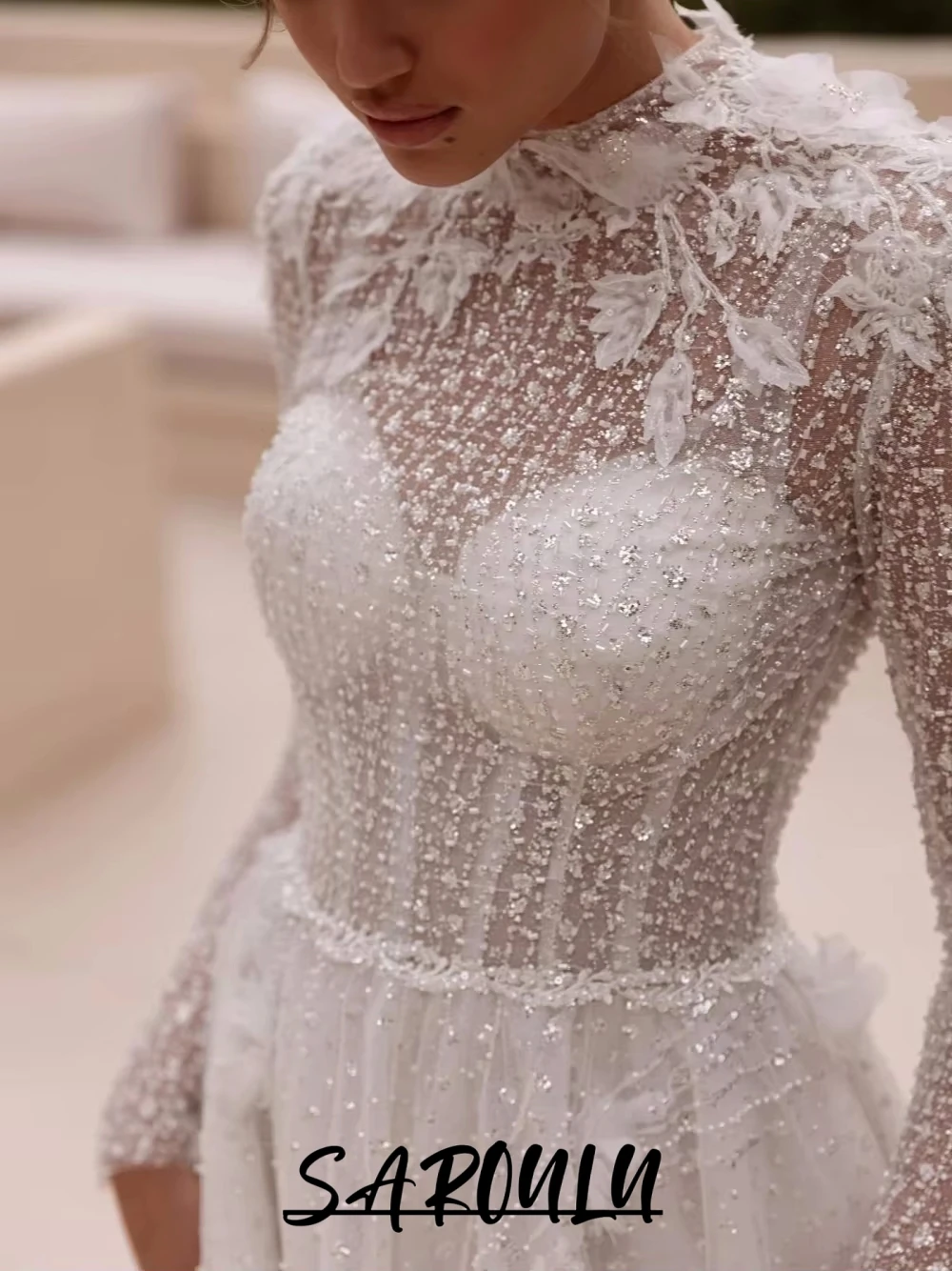 

Dazzling Court Train Wedding Dress For Women, Romantic Flower A Line Bride Wear, Buttons Back, Delicate Long Sleeves Bridal Gown