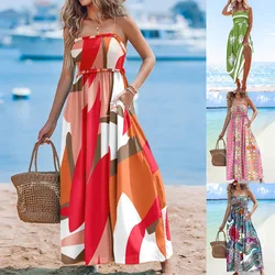2025 Vacation Women's Dresses Fashion Summer Spaghetti Strap Print Boho Beach Maxi Dresses For Women Sundress Robe Femme