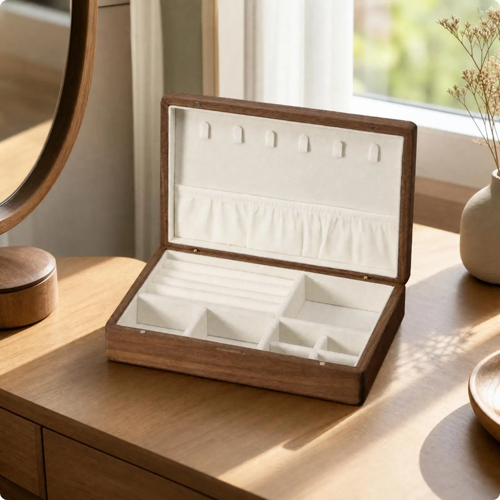 Walnut Jewelry Box with Hinged Lid Modern Jewelry Box with Necklace Hooks and Loop Slots Solid Wood Compact for Vanity, Dresser