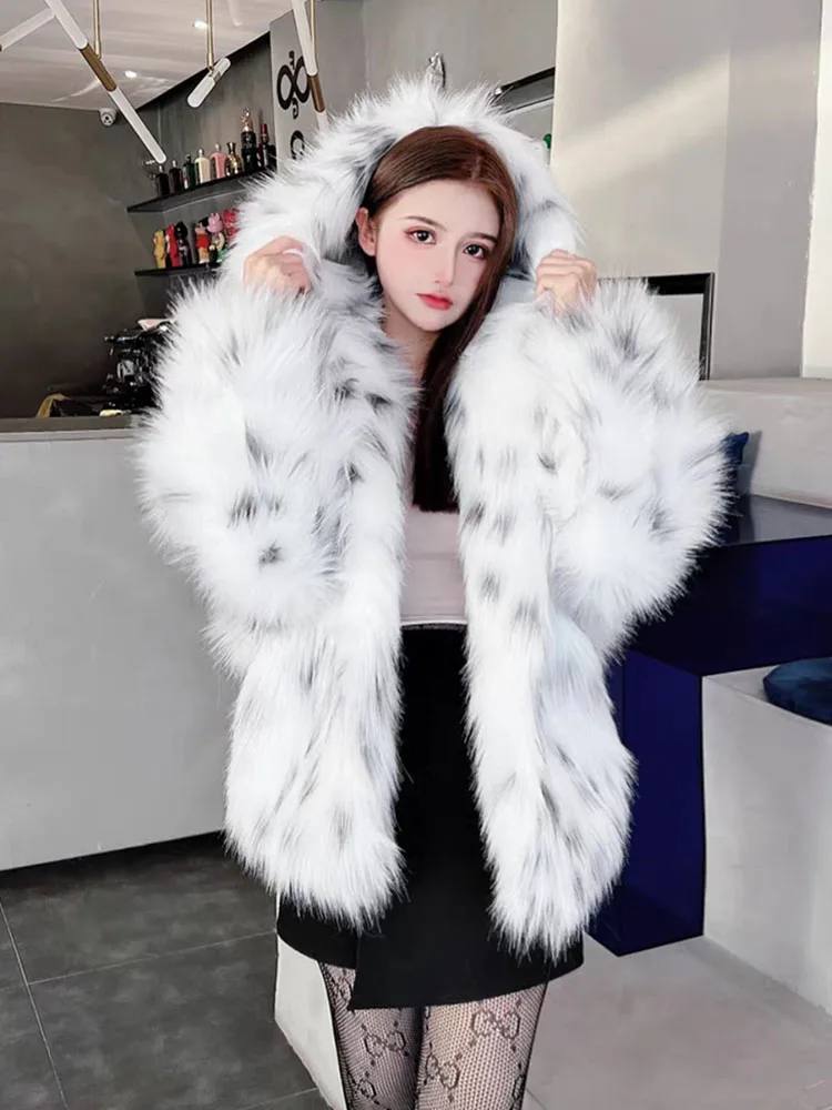 MEME様 ブルゾン M白 ZADORIN High Quality White Leopard Hooded Faux Fox Fur Coat Woman