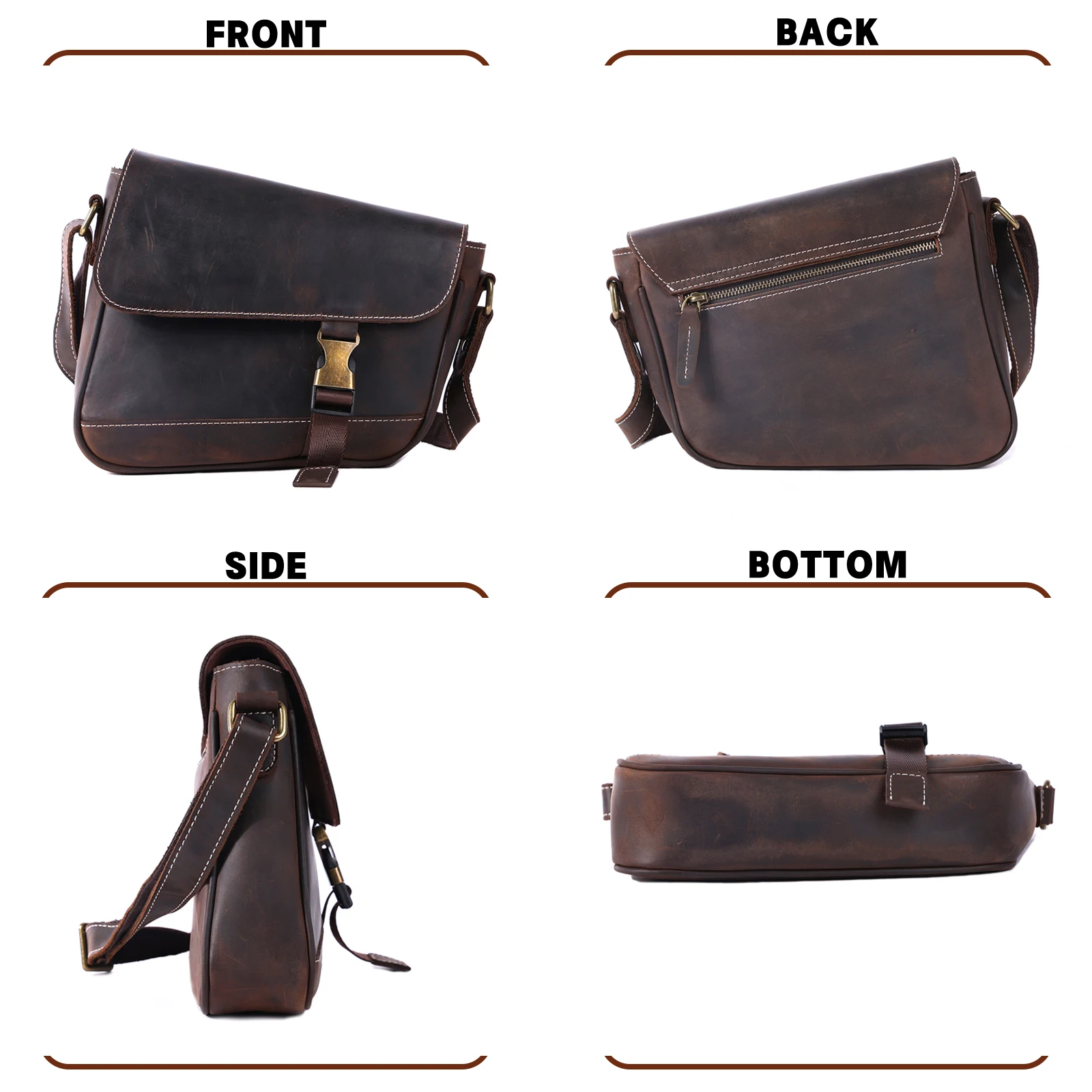 S.WORKER Vintage Echtleder Herren-Umhängetasche, Lässige Crossbody-Tasche, Crazy Horse Leder Schultertasche, Handgefertigt – Detail 7
