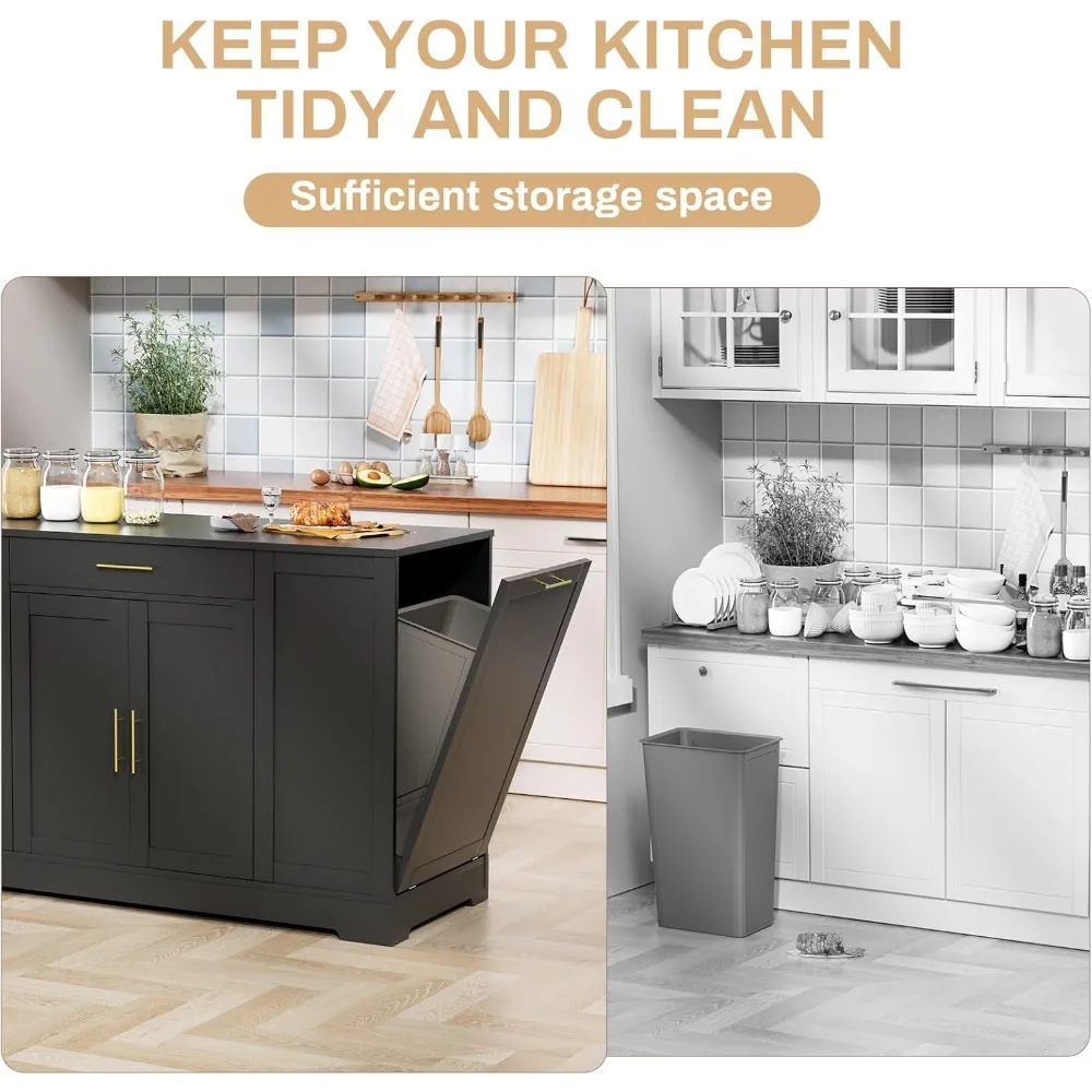 ชุดครัวแบบเกาะกลาง 53 พร้อมที่เก็บของ, รถเข็นครัวพร้อมที่ใส่ถังขยะแบบเอียงได้และท็อปไม้เนื้อแข็ง, โต๊ะอาหารเช้าพร้อมชั้นวางด้านข้าง 3 ชั้น