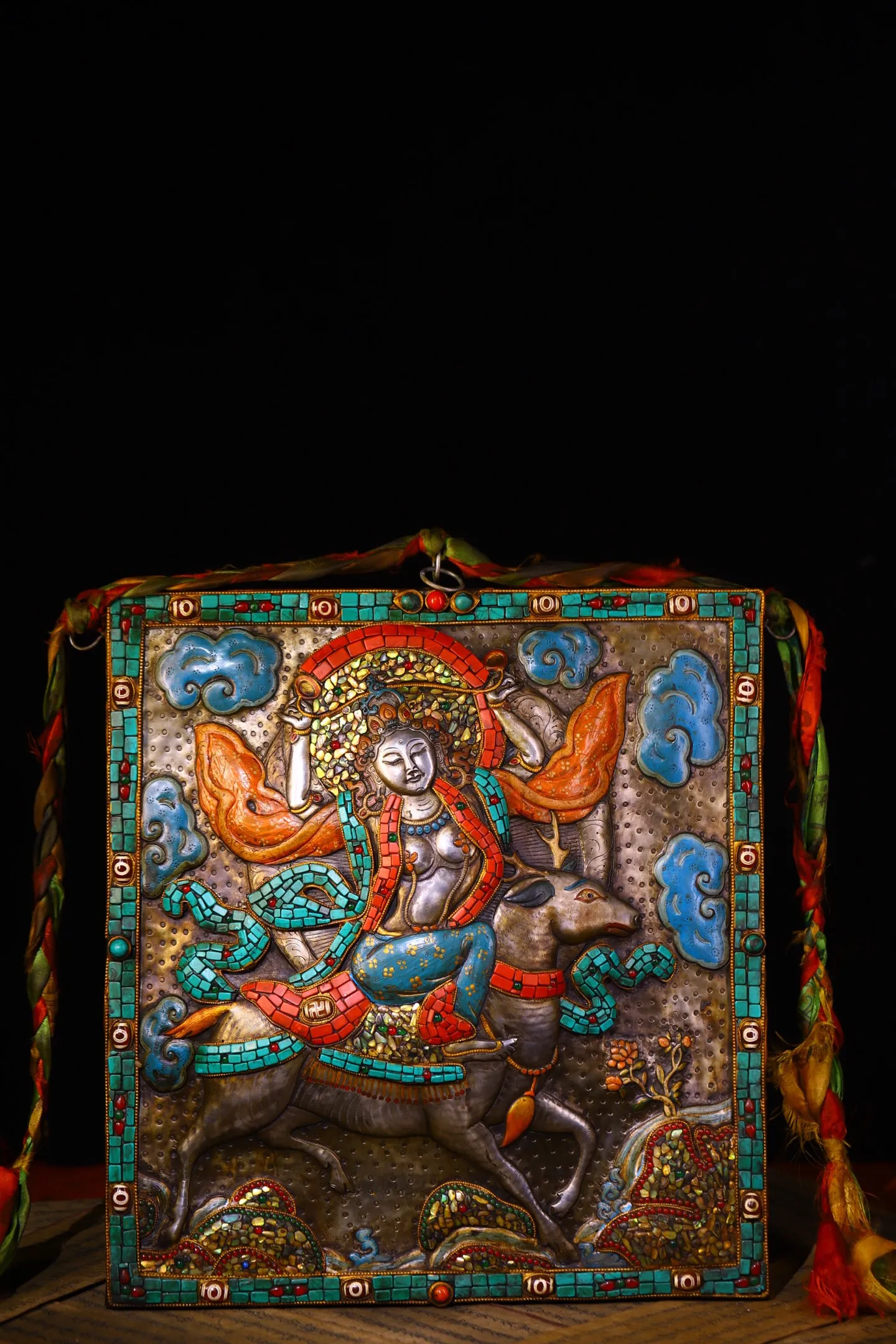 

16"Xizang Folk Old Tiantie Painted Mosaic Gem gZi Beads Shell Turquoise Palden Lhamo Buddha Thangka Hanging Panel