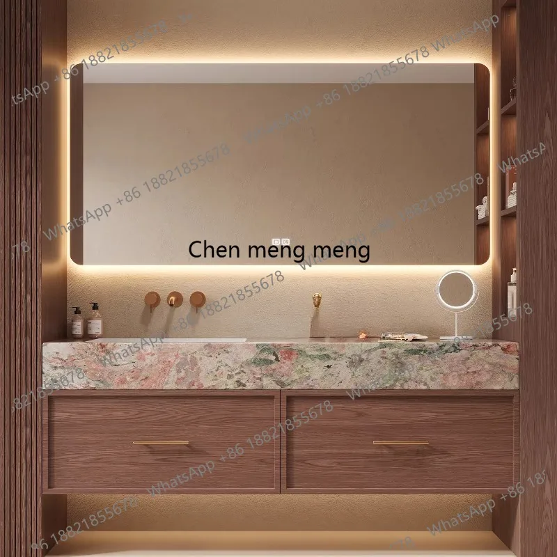Medieval pink and green rock slab seamless ceramic integrated basin bathroom cabinet washstand bathroom