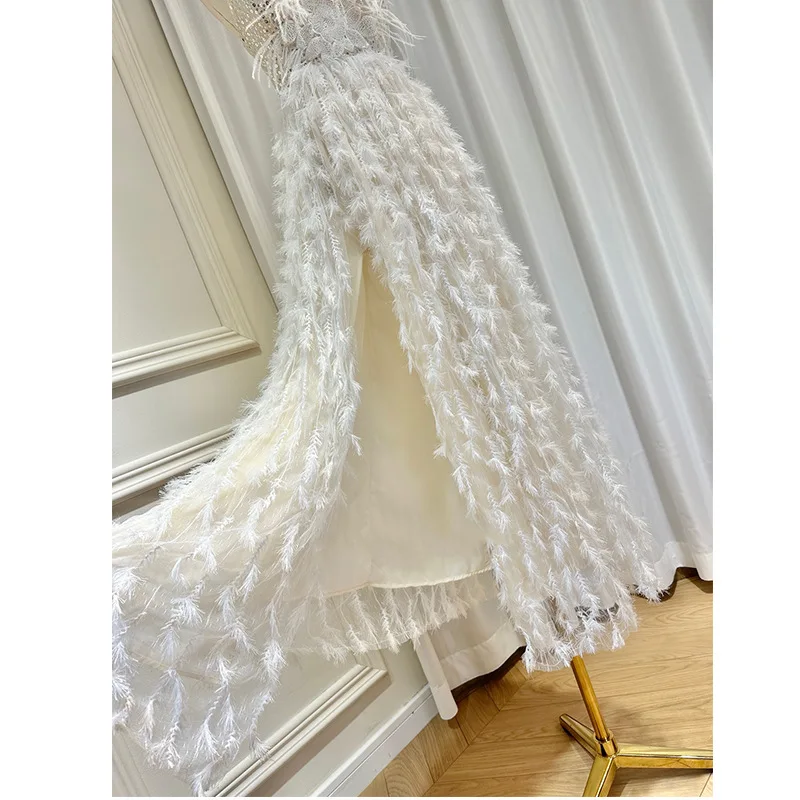 PJN Sexy Backless Evening Party Dresses Women High Slit Tassel Feather Quinceanera Dress Formal Cocktail Long Performance Dress